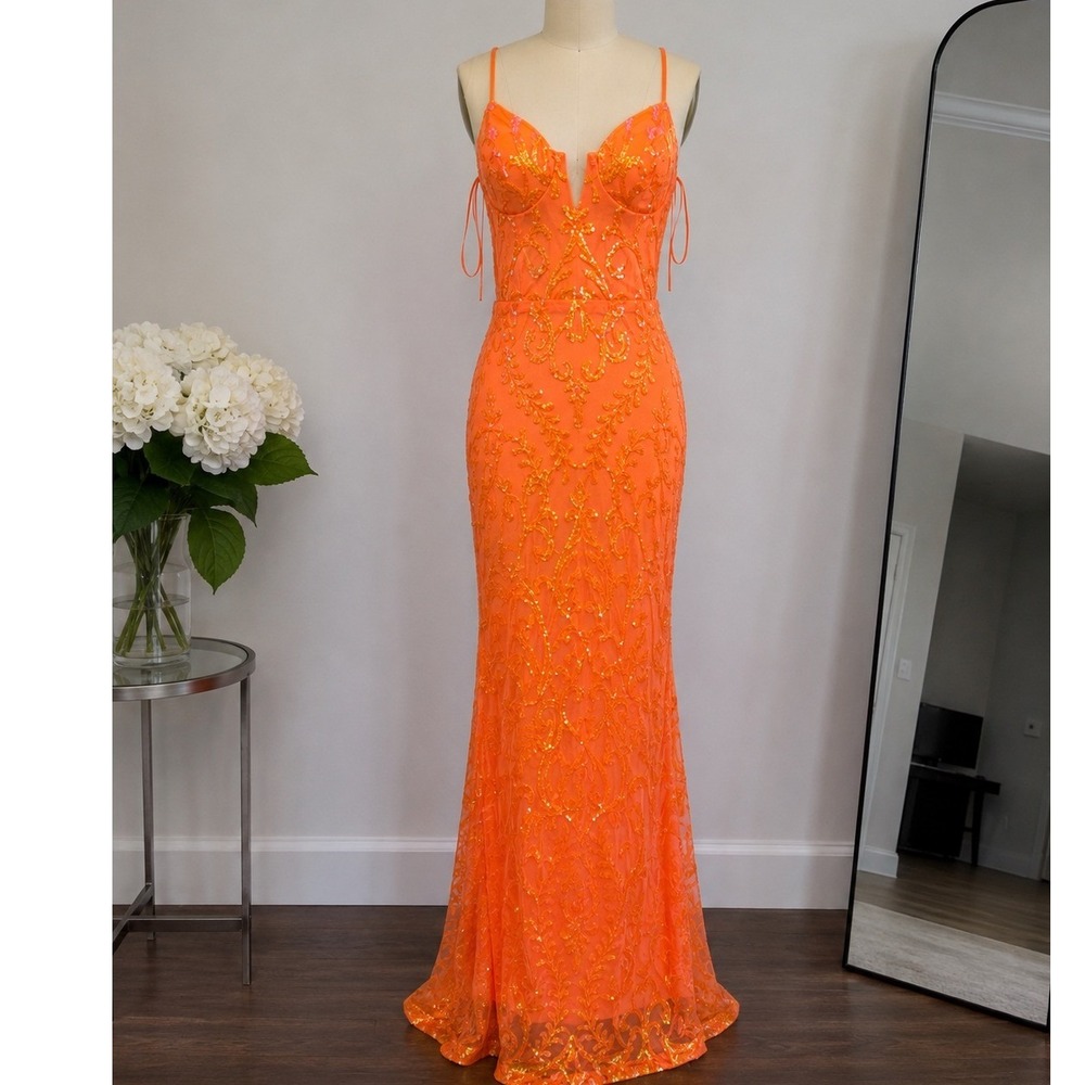 nikk's glitz &glam boutique Gown Women L NWT Orange Iridescent Sequin MSRP $325